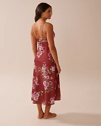 Rose Print Satin and Lace Trim Long Nightie