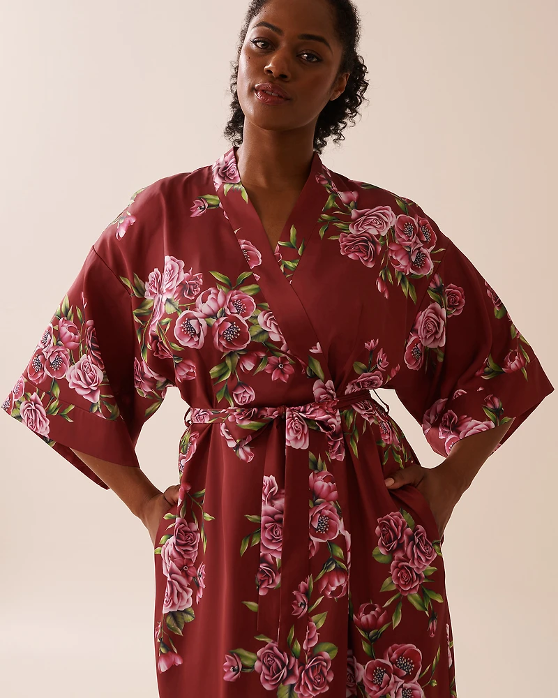 Rose Print Satin Long Kimono