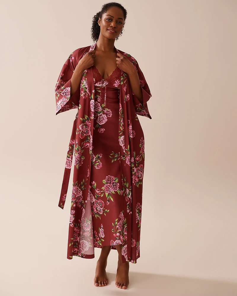 Rose Print Satin Long Kimono