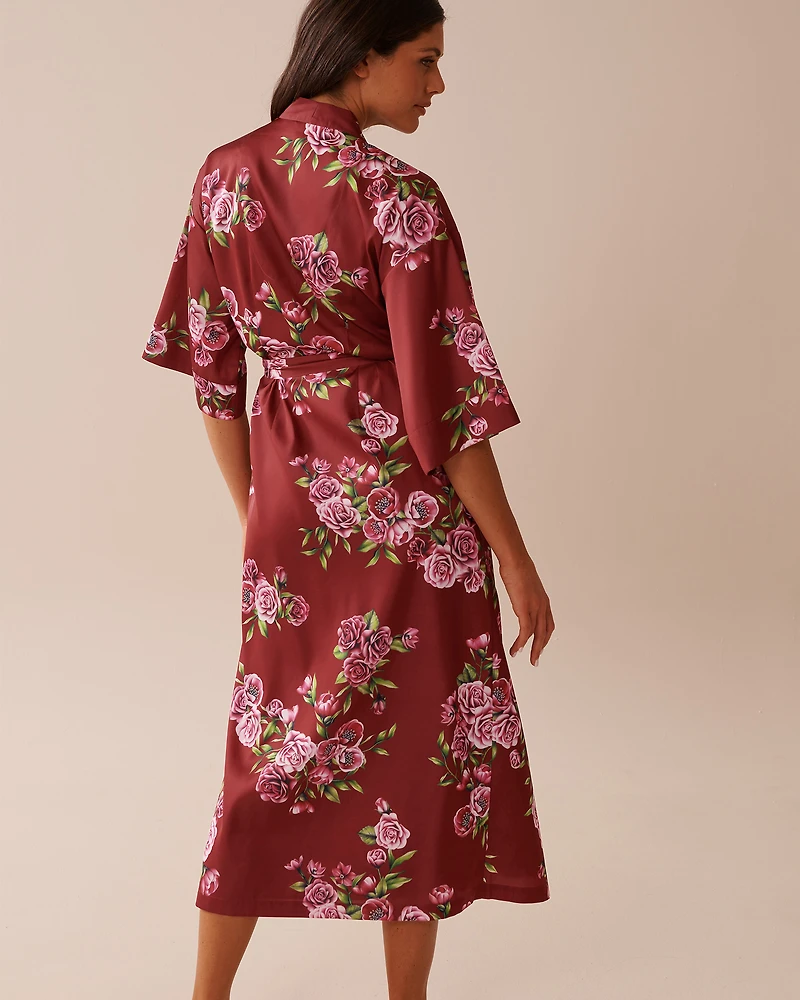 Rose Print Satin Long Kimono