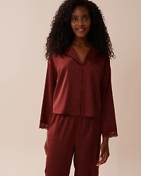 Satin and Lace Trim Long Sleeve Button-down Shirt