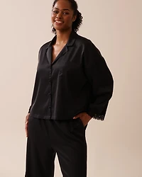 Satin and Lace Trim Long Sleeve Button-down Shirt