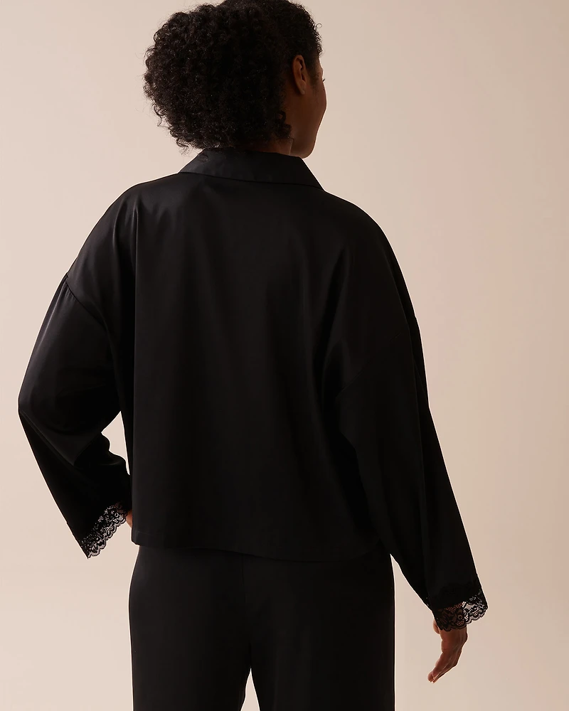 Satin and Lace Trim Long Sleeve Button-down Shirt