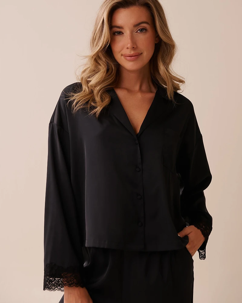 Satin and Lace Trim Long Sleeve Button-down Shirt