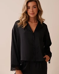 Satin and Lace Trim Long Sleeve Button-down Shirt