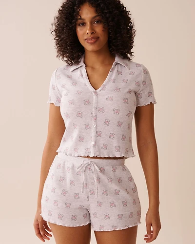 Teddy Bear Print Ribbed Short Sleeve Button-down Shirt