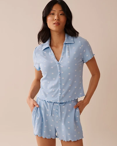 Crown Print Ribbed Short Sleeve Button-down Shirt