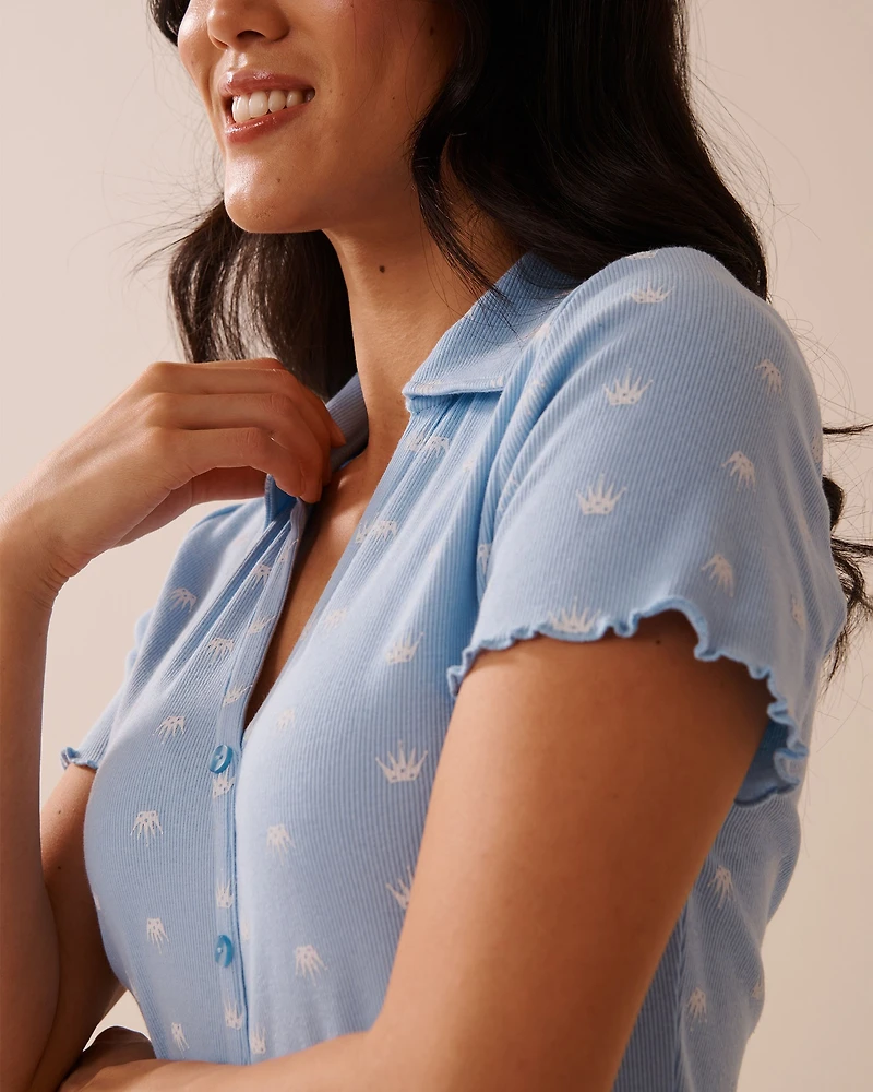 Crown Print Ribbed Short Sleeve Button-down Shirt
