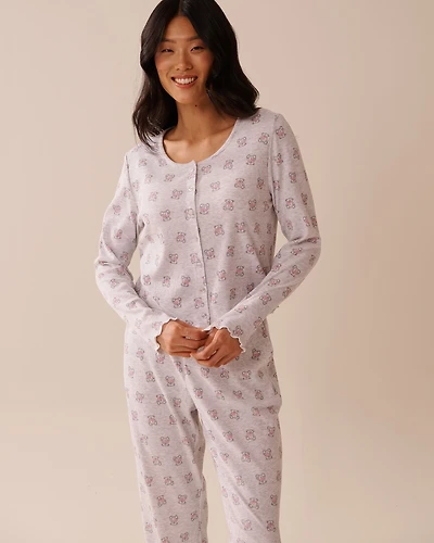 Teddy Bear Print Ribbed Long Sleeve Shirt