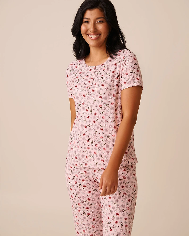 Pink Floral Print Ribbed Jersey T-shirt