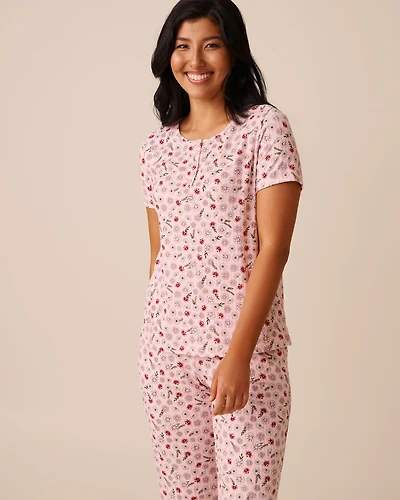 Pink Floral Print Ribbed Jersey T-shirt