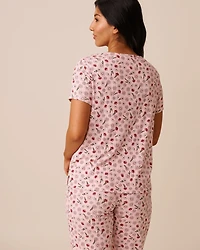 Pink Floral Print Ribbed Jersey T-shirt