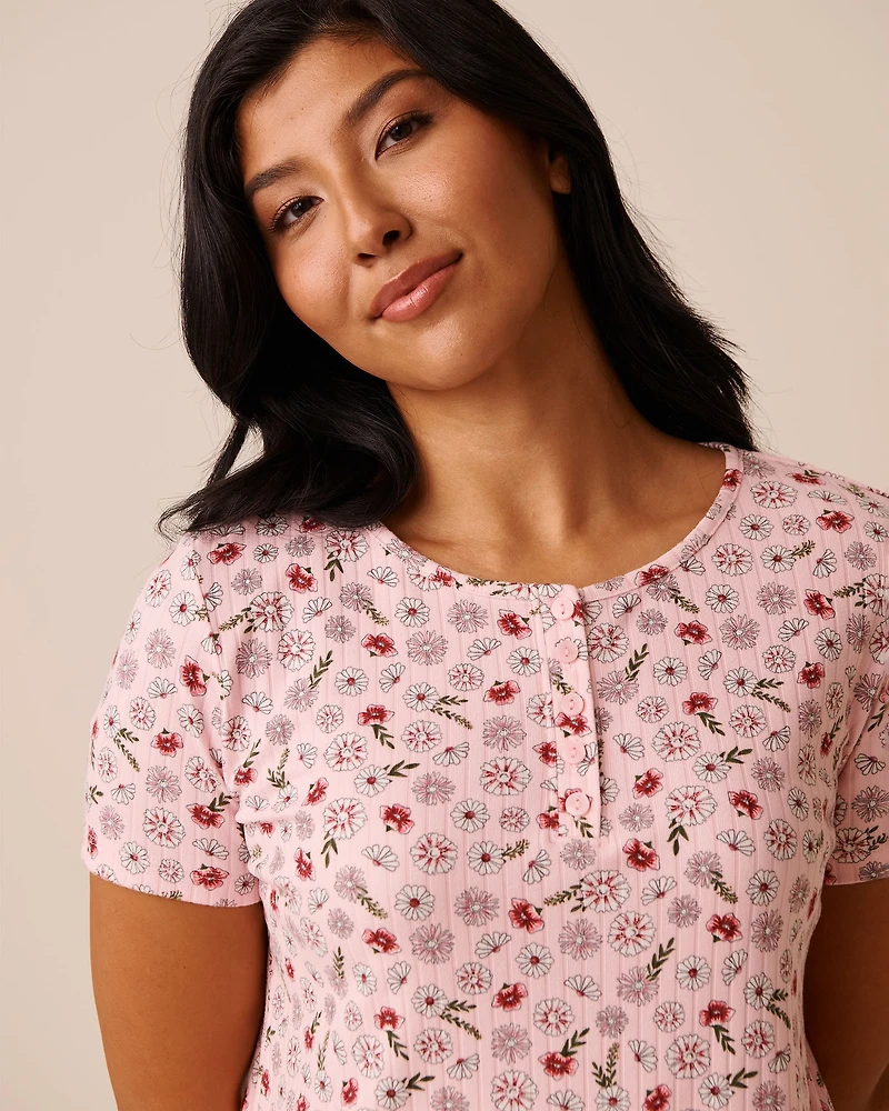 Pink Floral Print Ribbed Jersey T-shirt