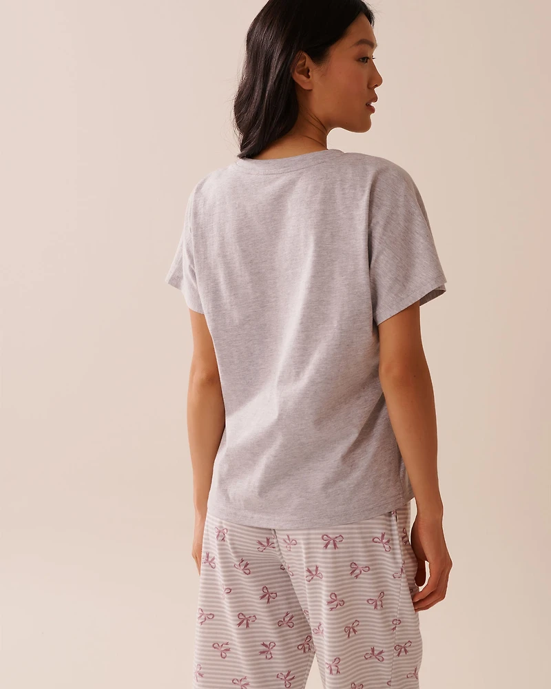 Bow Print Cotton V-neck T-shirt