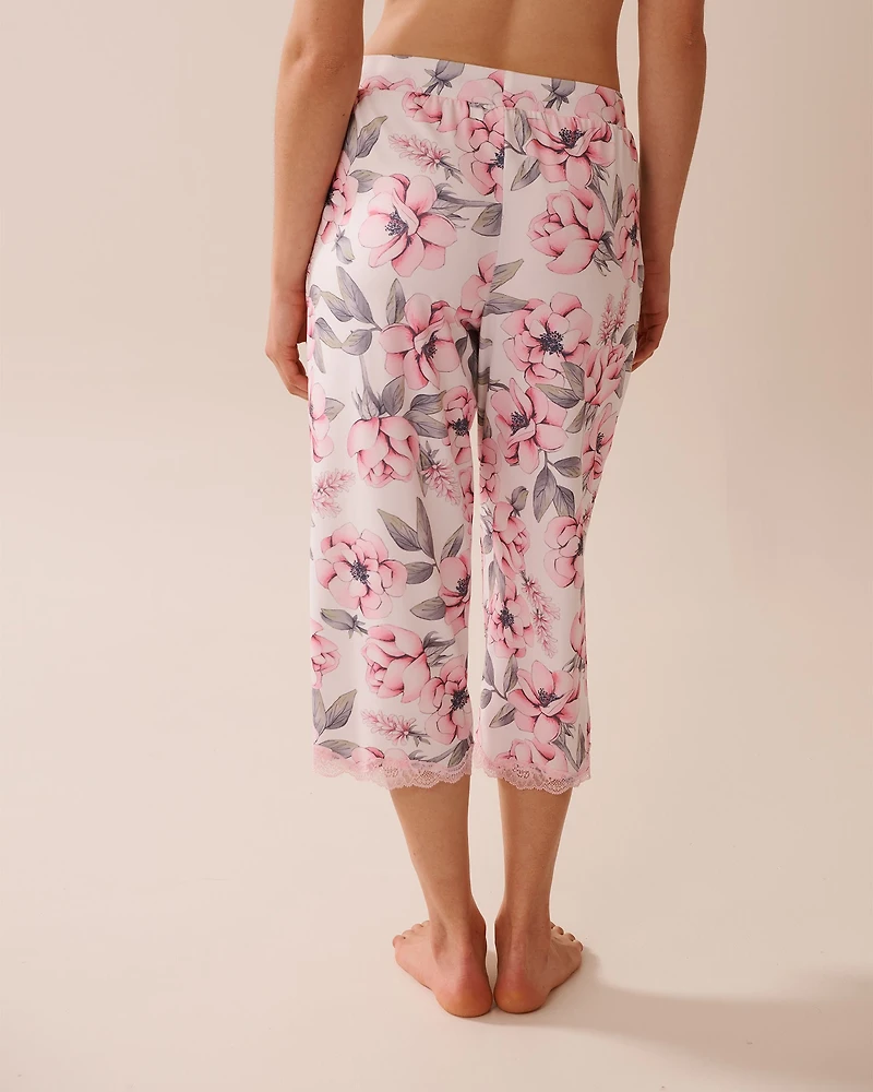 Camellia Print Lace Trim Super Soft Pajama Capris