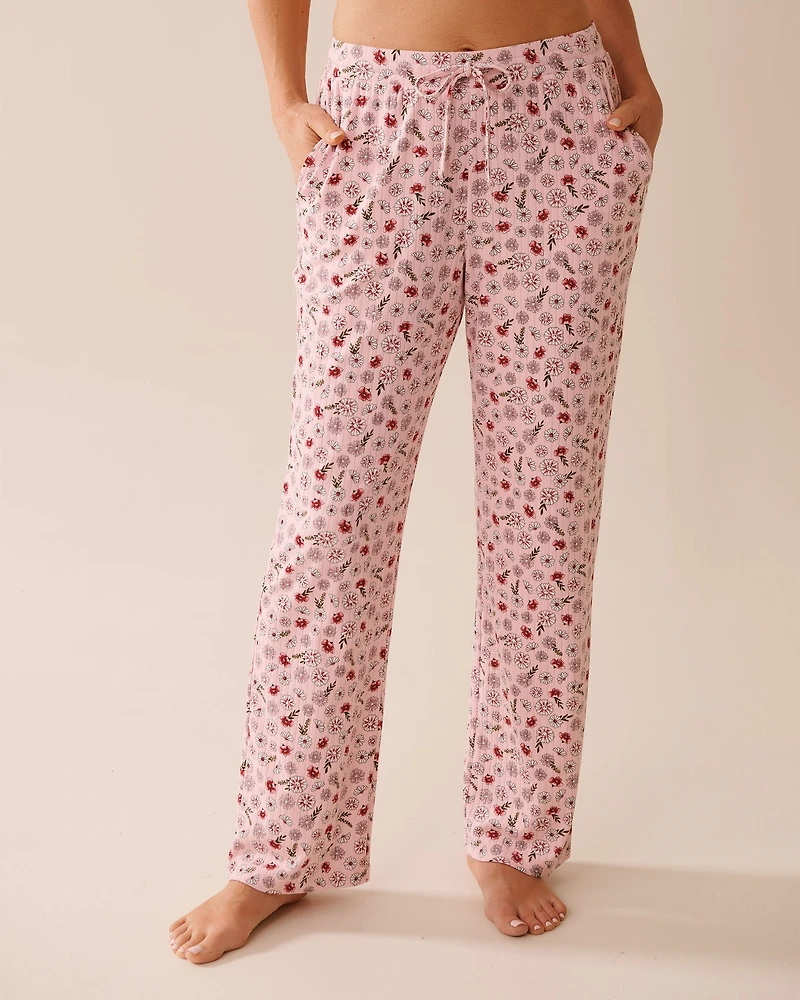 Pink Floral Print Ribbed Jersey Pajama Pants