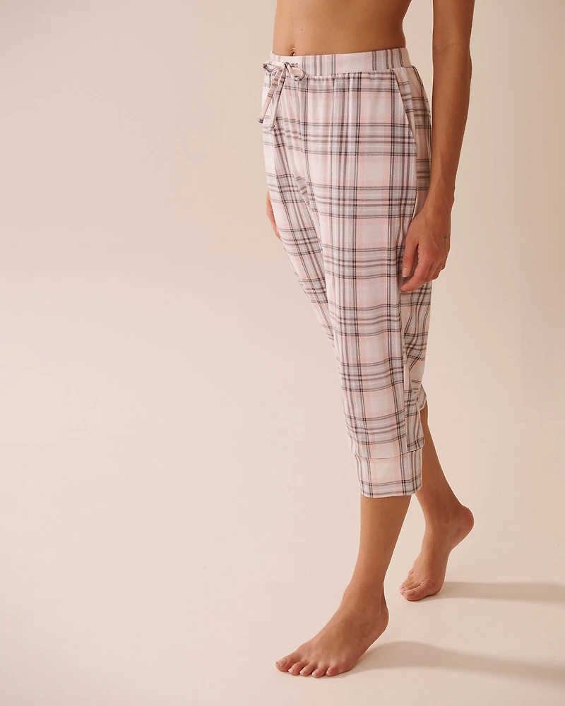Capri de pyjama ajusté en coton carreaux roses
