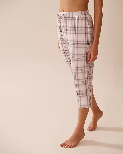 Capri de pyjama ajusté en coton carreaux roses