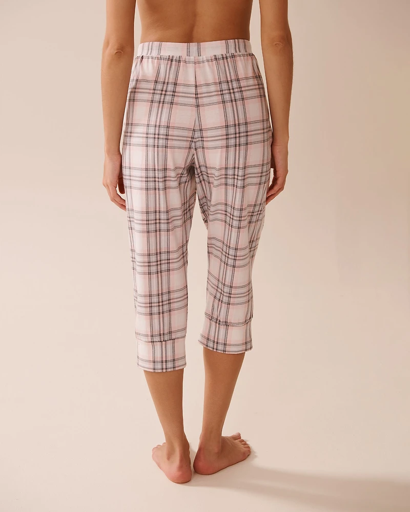 Capri de pyjama ajusté en coton carreaux roses