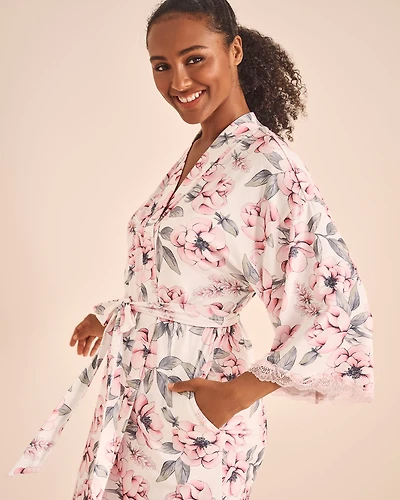 Camellia Print Lace Trim Super Soft Kimono