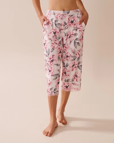 Camellia Print Lace Trim Super Soft Pajama Capris