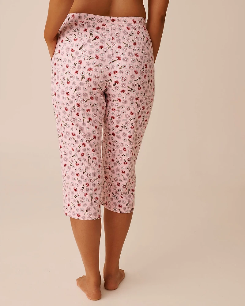 Pink Floral Print Ribbed Jersey Pajama Capris