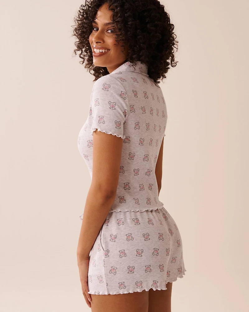 Teddy Bear Print Ribbed Short Sleeve Button-down Shirt