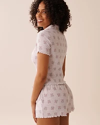 Teddy Bear Print Ribbed Short Sleeve Button-down Shirt