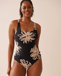 BLACK HIBISCUS Square Neck One-piece Swimsuit