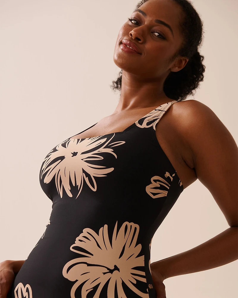BLACK HIBISCUS Square Neck One-piece Swimsuit