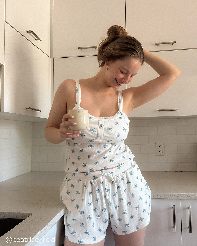 Crab Print Ribbed Cami with Shelf Bra