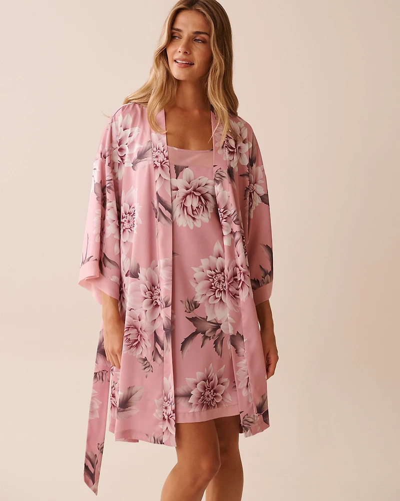Kimono en satin et chiffon imprimé dahlia