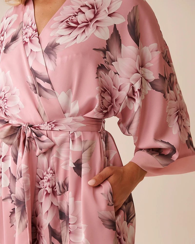 Kimono en satin et chiffon imprimé dahlia