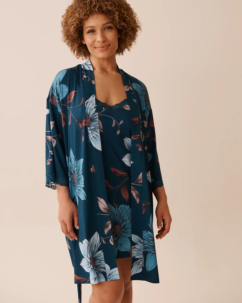 Recycled Fibers Chrysanthemum Print Lace Trim Kimono