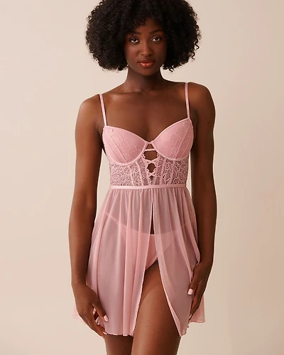 Open-Front Lace and Mesh Nightie