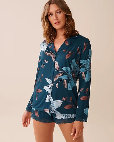 Recycled Fibers Chrysanthemum Print Lace Trim Button-down Shirt