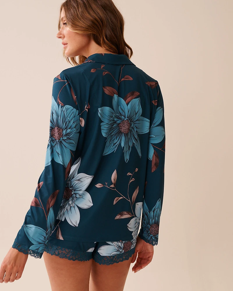 Recycled Fibers Chrysanthemum Print Lace Trim Button-down Shirt