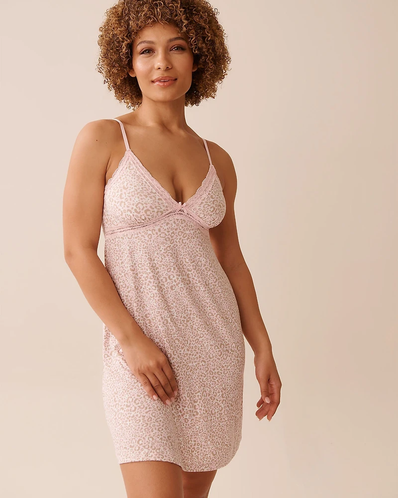 Pink Leopard Print Lace Trim Super Soft Nightie