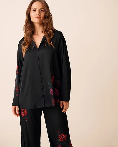 Red Rose Print Satin Button-down Shirt