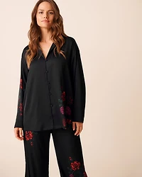 Red Rose Print Satin Button-down Shirt
