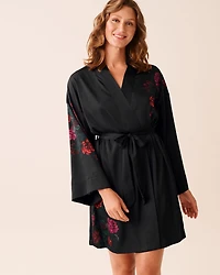Red Rose Print Satin Kimono
