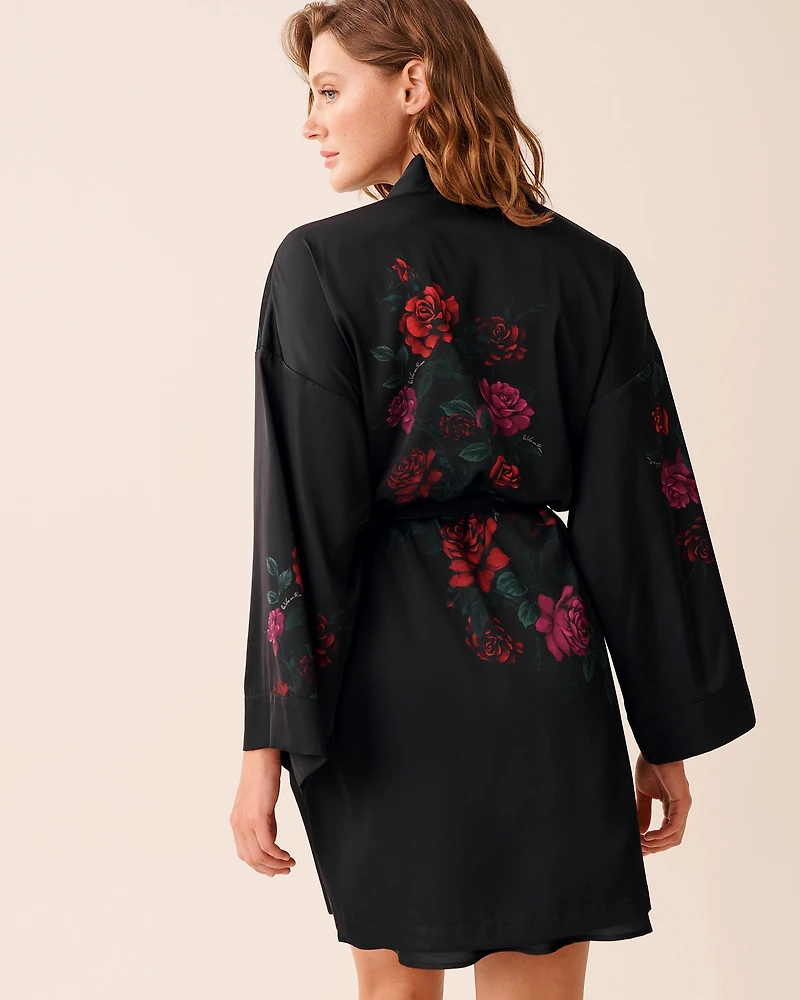 Red Rose Print Satin Kimono