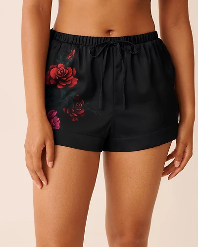 Red Rose Print Satin Shorts