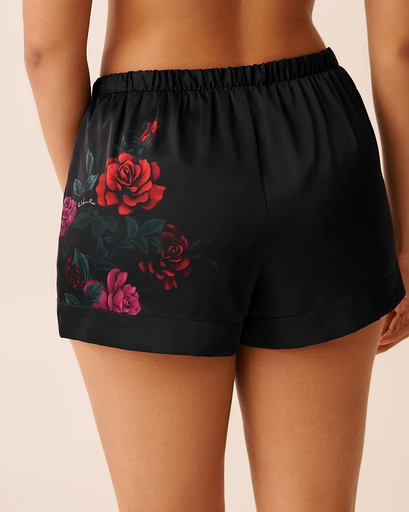 Red Rose Print Satin Shorts