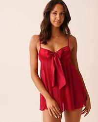 Open Front Satin and Mesh Babydoll with Bow