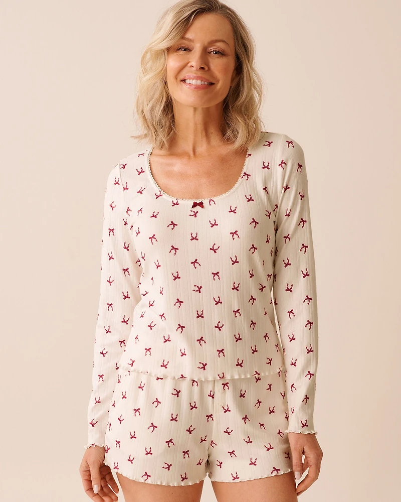 Red Bow Print Pointelle Long Sleeve Shirt