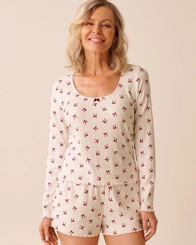 Red Bow Print Pointelle Long Sleeve Shirt