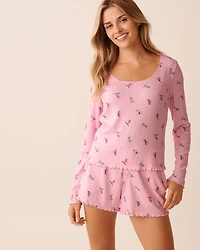 Red Bow Print Pointelle Long Sleeve Shirt