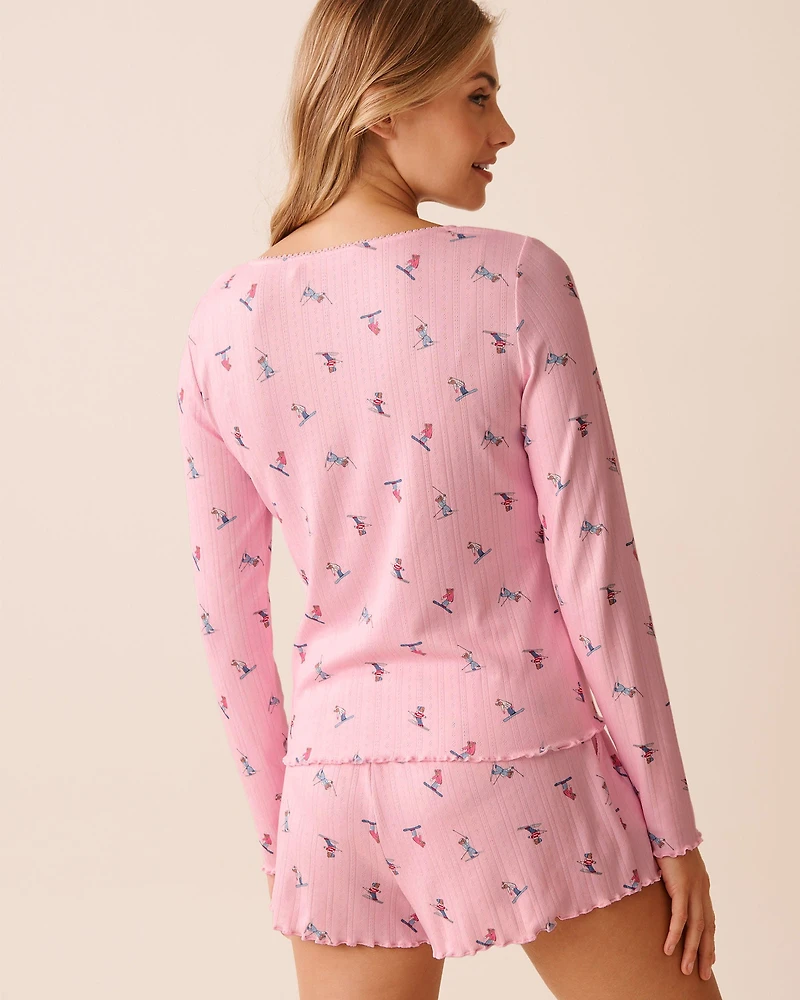 Red Bow Print Pointelle Long Sleeve Shirt