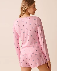 Red Bow Print Pointelle Long Sleeve Shirt